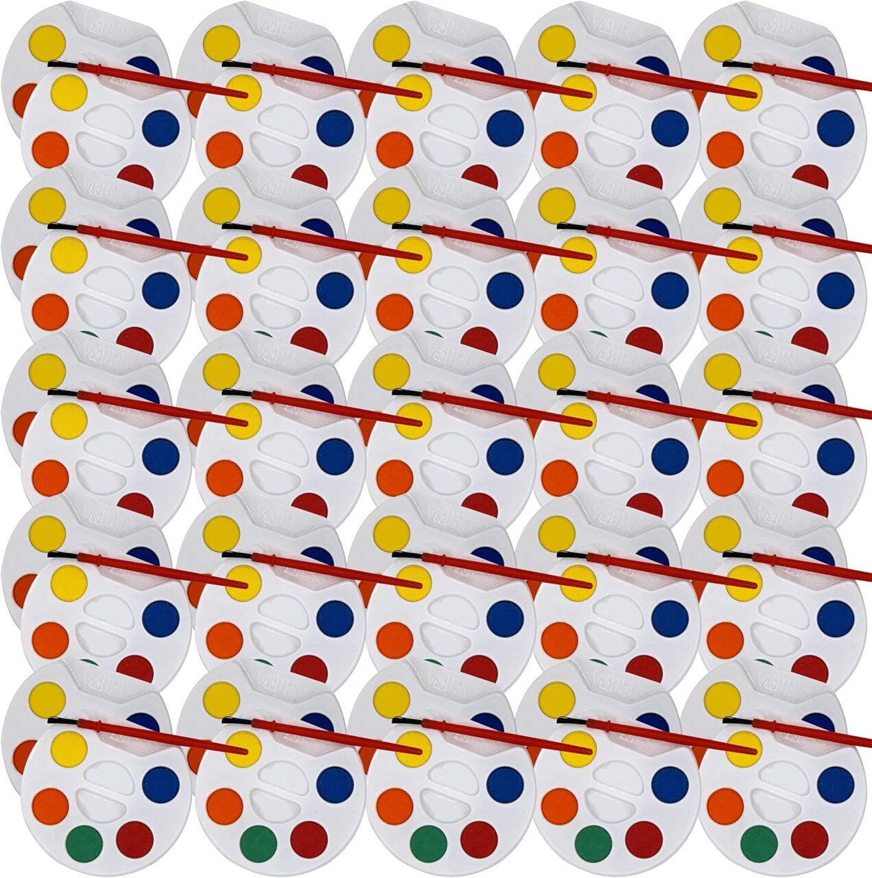 Bulk Watercolors Round Paint Pack with Brushes - 50 Sets with 5 Washable Colors Each - Great for Kids, Classrooms, Parties, Students, Donations, Party Favors, All Ages